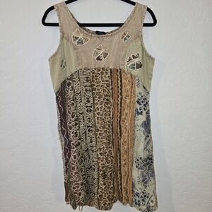 Sacred Threads Embroidered Brown Patchwork Butterfly Dress M/L Boho Denim